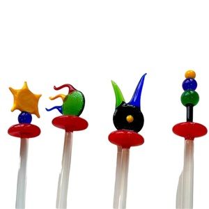Set of four hand blown glass stir sticks in primary colors. Vintage. EUC.